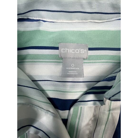 Chico’s Chicos Satin Button Down Short Sleeve Blouse Size 0 Small Striped Green - Picture 6 of 7